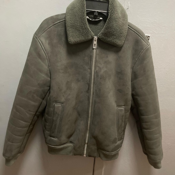 Green faux Shearling Bomber Jacket - Picture 1 of 2